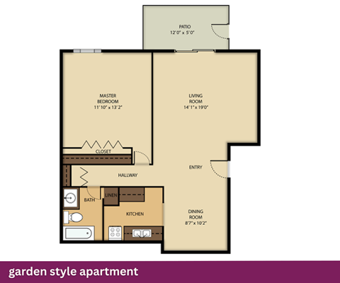 Floor plan for 1 bed, 1 bath, 750 sqft